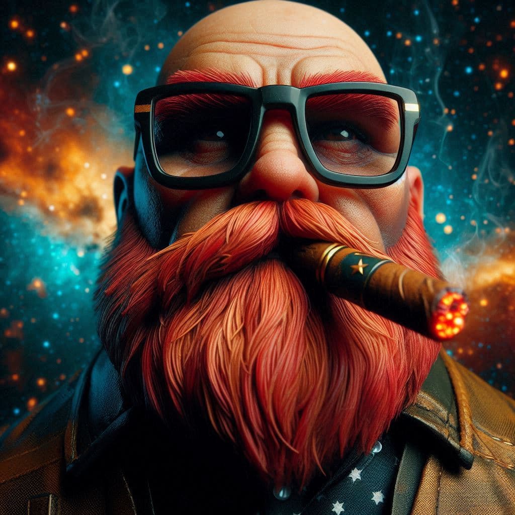 Avatar of GrimStorm: a bald man with a red beard, black glasses and a cigar, against a starfield